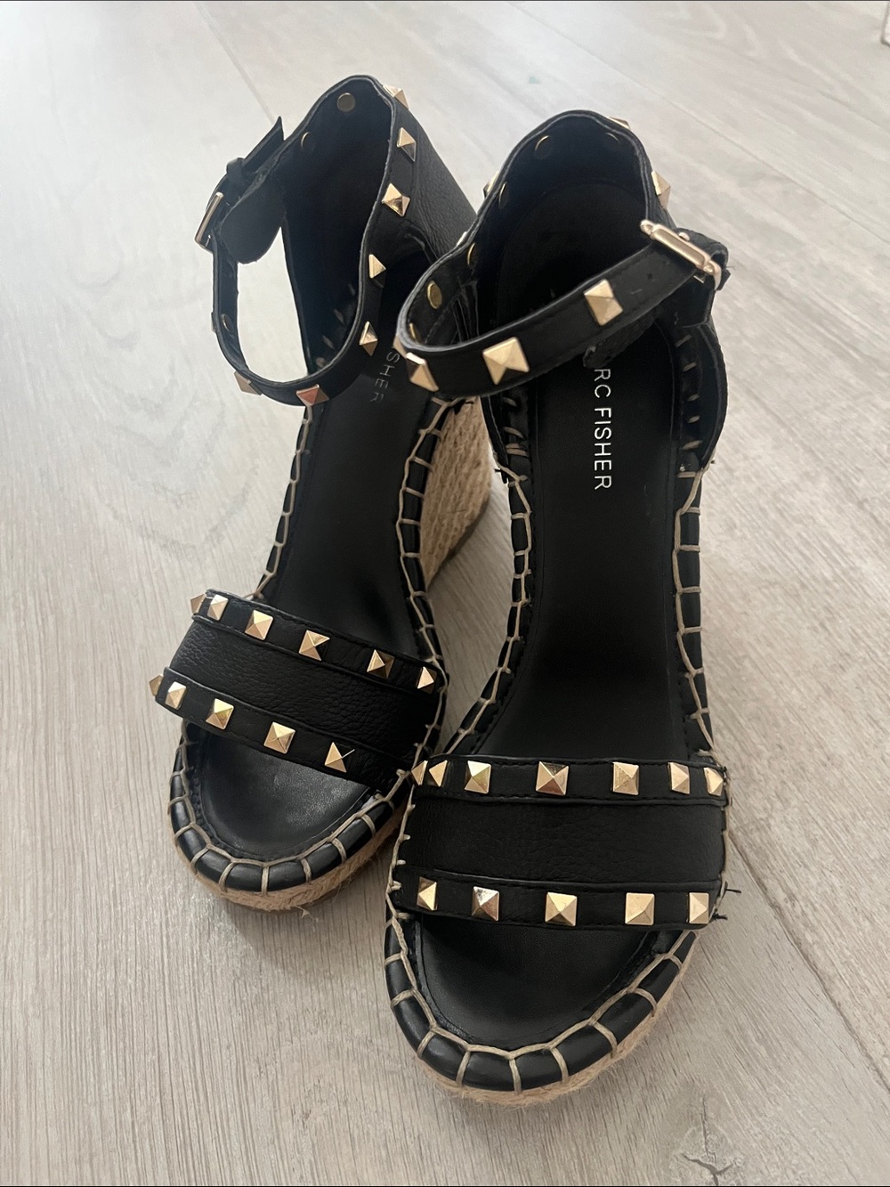 Marc Fisher 4” Black Wedge Espadrilles with Gold Studs Valentino rockstud inspo